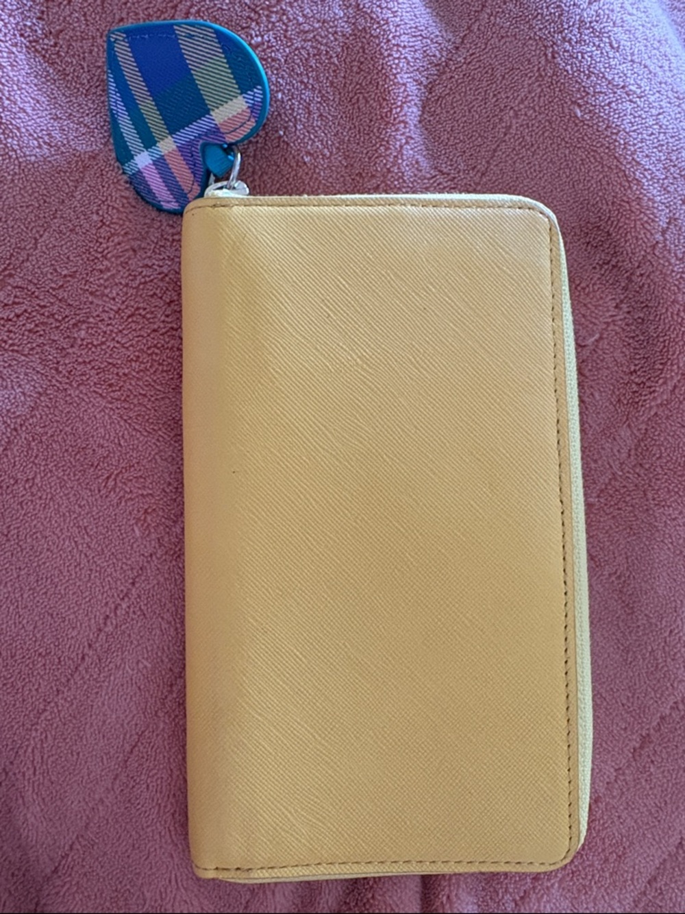 Talbots Yellow Zip Wallet with Multicolor Plaid Interior and Heart Charm